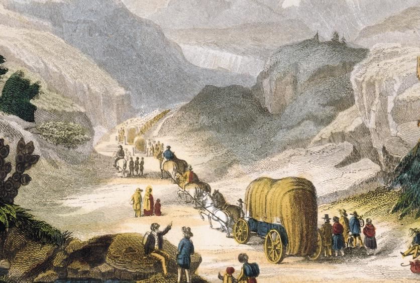 Illustration of a wagon train on the Oregon-California trail