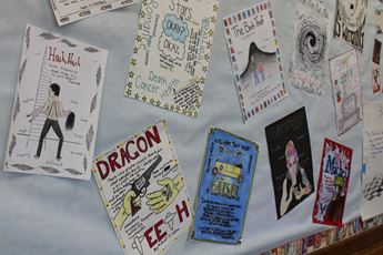 A bulletin board with students' artwork