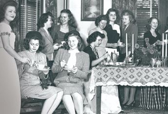 photo of female 1940s college students at a party
