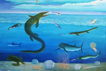 A mural at the Stanton County Museum depicts thepre-historic animals that lived in the Western Interior Sea.