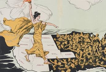 Illustration of women representing votes for women walking across the US map