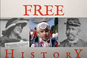 FREE History logo featuring images of a suffragette, an Indigenous child, and a Buffalo Soldier.