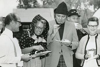 Members of the Volga German Centennial Society gather. Black and white, date unknown.