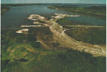 A bird's-eye view of the release channel that cut through Highway 57 atop the Milford Lake Dam in July 1993.