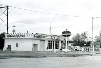 Standard Oil Station in Colby, Kansas circa 1950. Black and white.