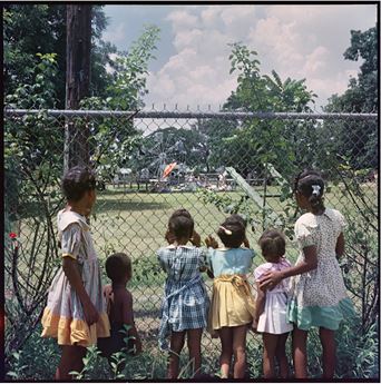 children looking through fence at park