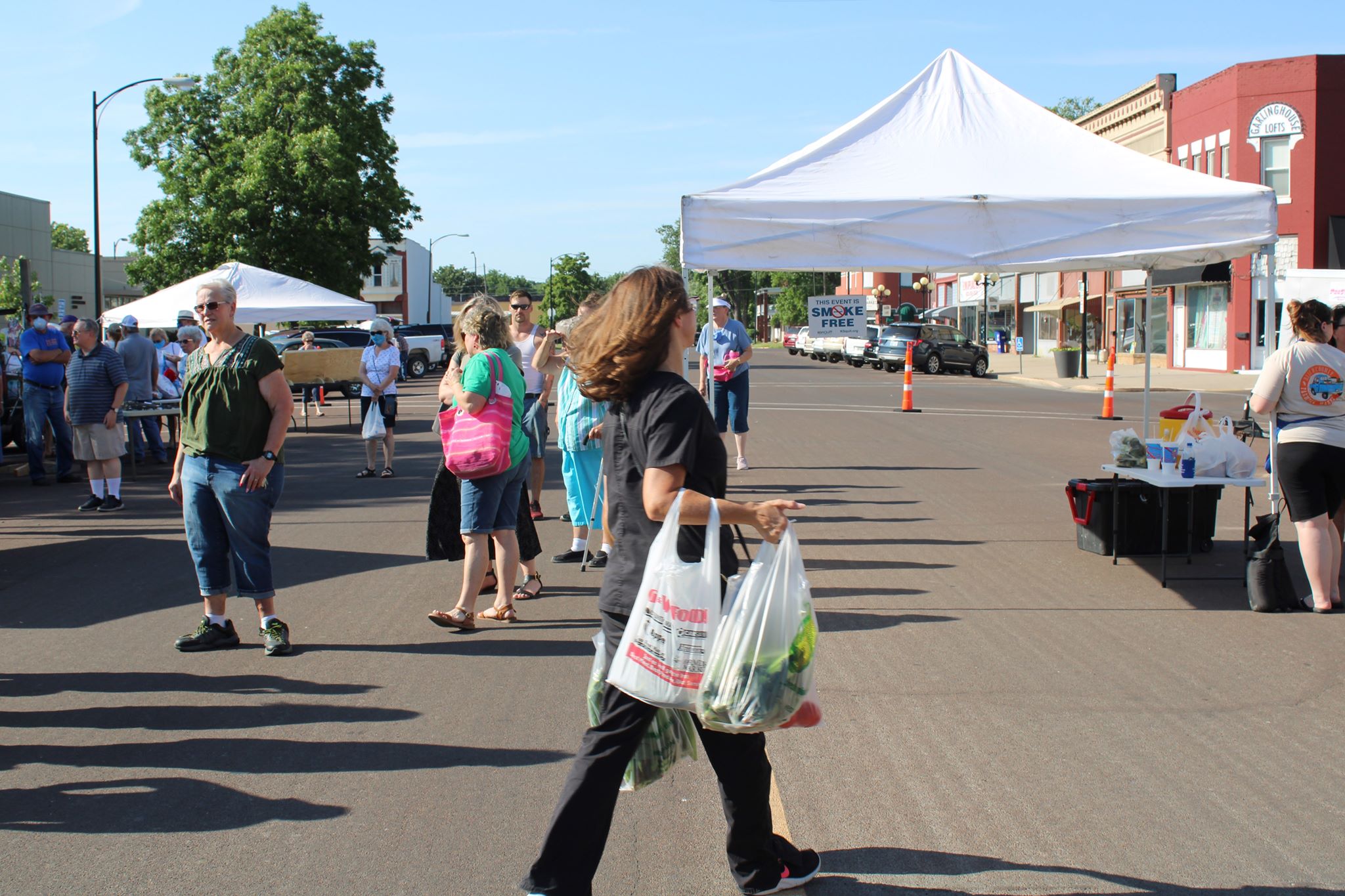 woman carrying grocery bags at farmers market