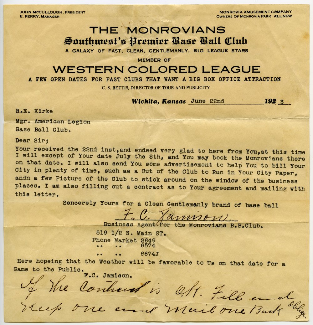 Contract for baseball game in 1923